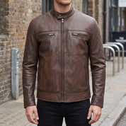 Men's Brown Leather Biker Jacket — Framingham