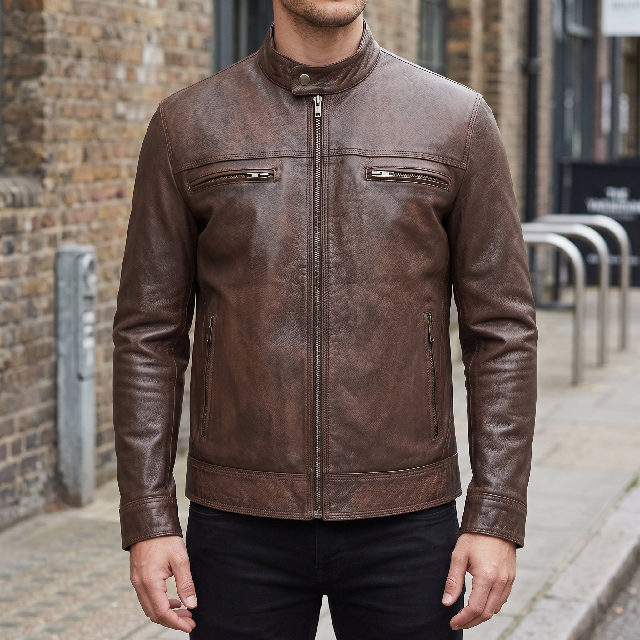 Men's Brown Leather Biker Jacket — Framingham