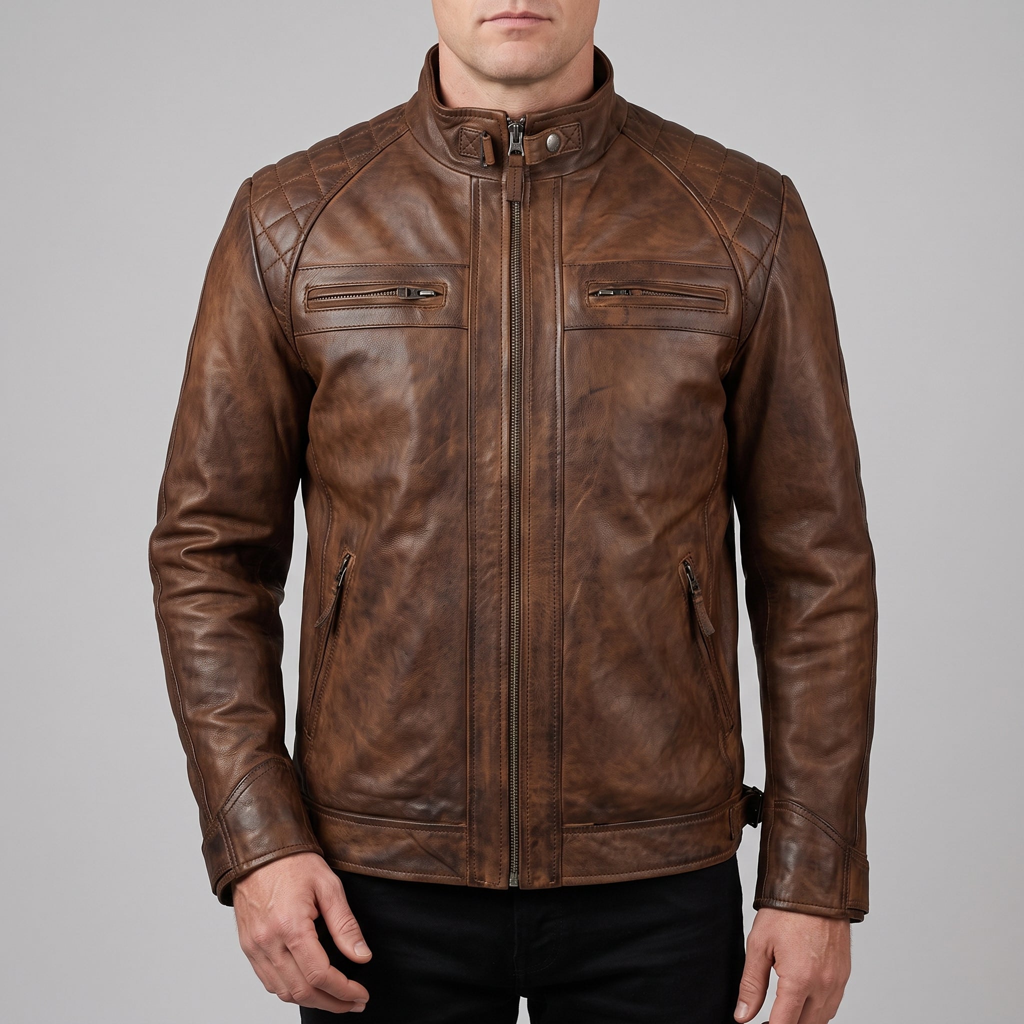 Men's Brown Leather Cafe Racer Jacket — Gatfield