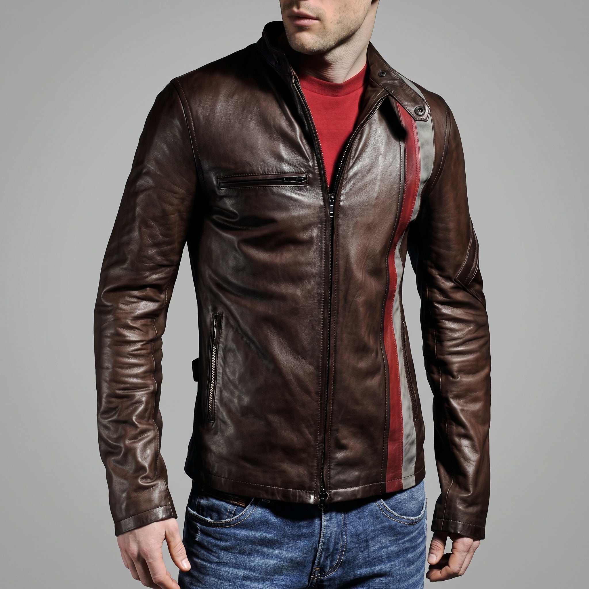 Men's Brown Leather Biker Jacket — Gunston