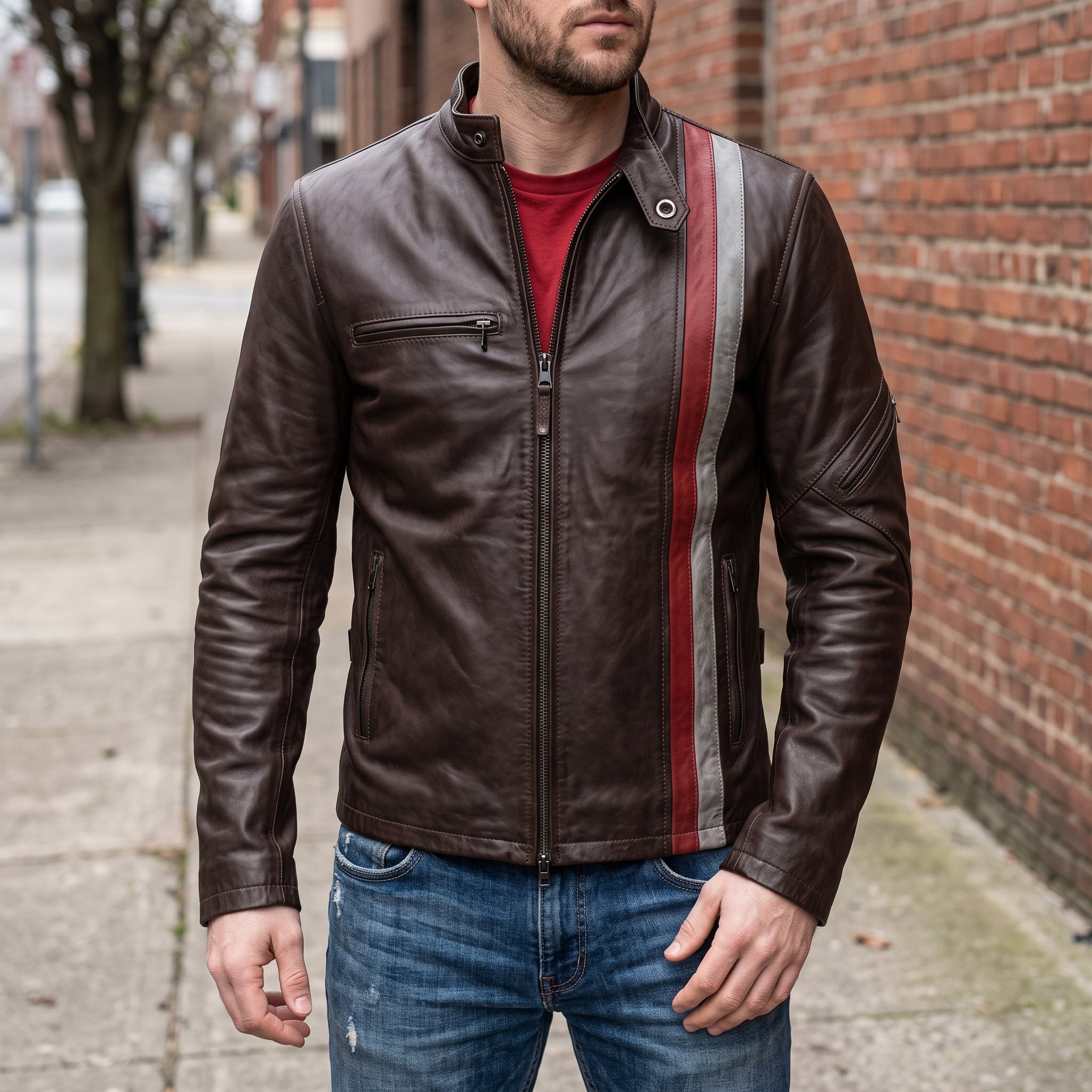 Men's Brown Leather Biker Jacket — Gunston