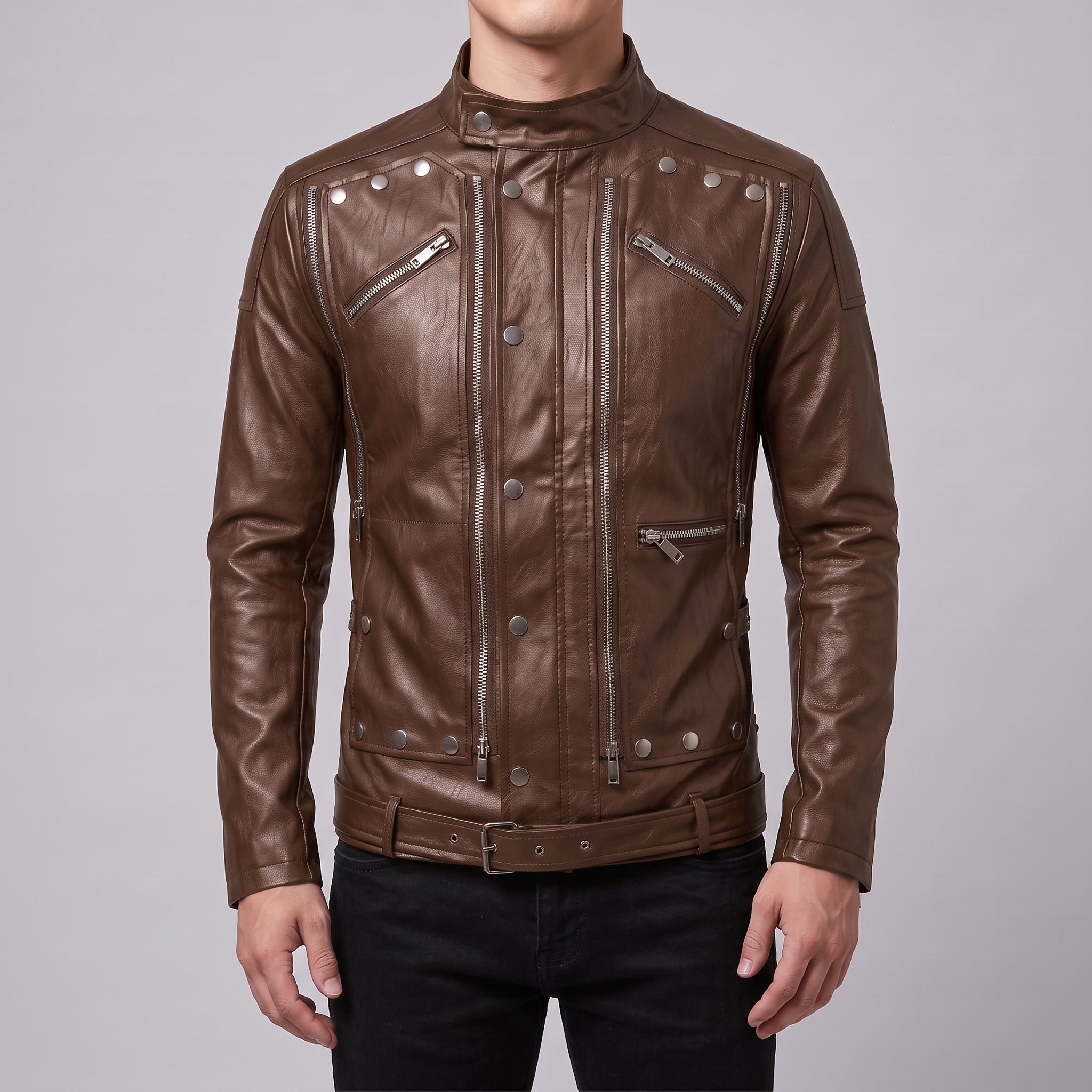 Men's Brown Leather Biker Jacket — Hempstead