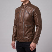 Men's Brown Leather Biker Jacket — Hempstead