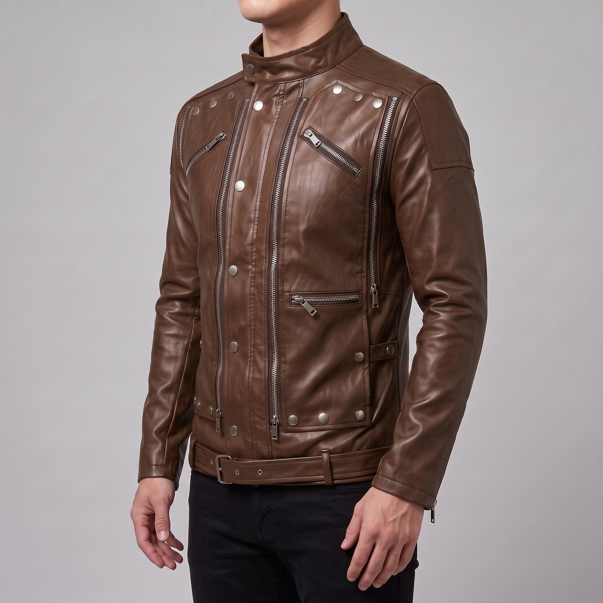 Men's Brown Leather Biker Jacket — Hempstead