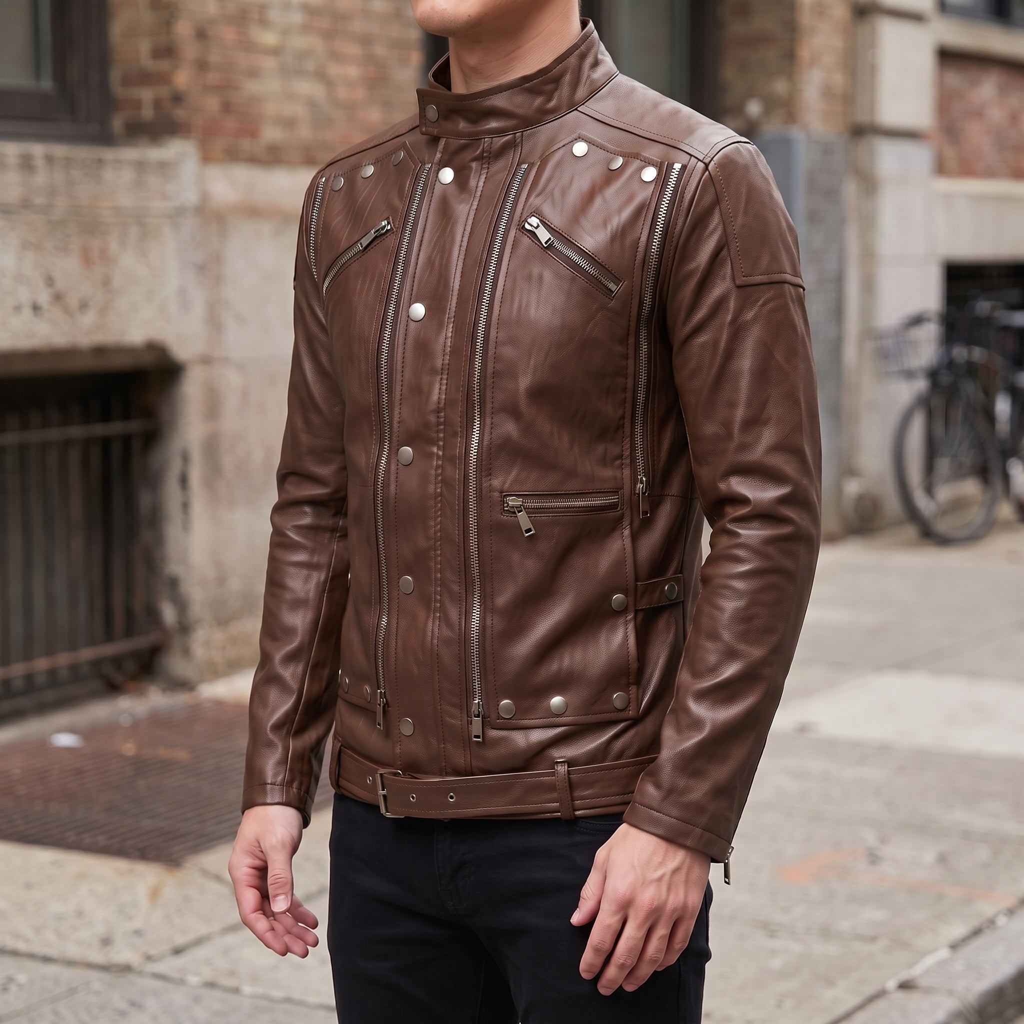 Men's Brown Leather Biker Jacket — Hempstead