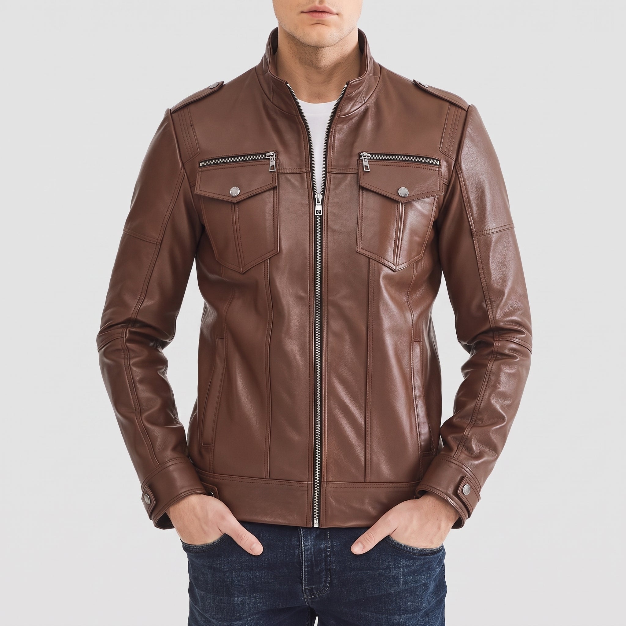 Men's Brown Leather Biker Jacket — Highley