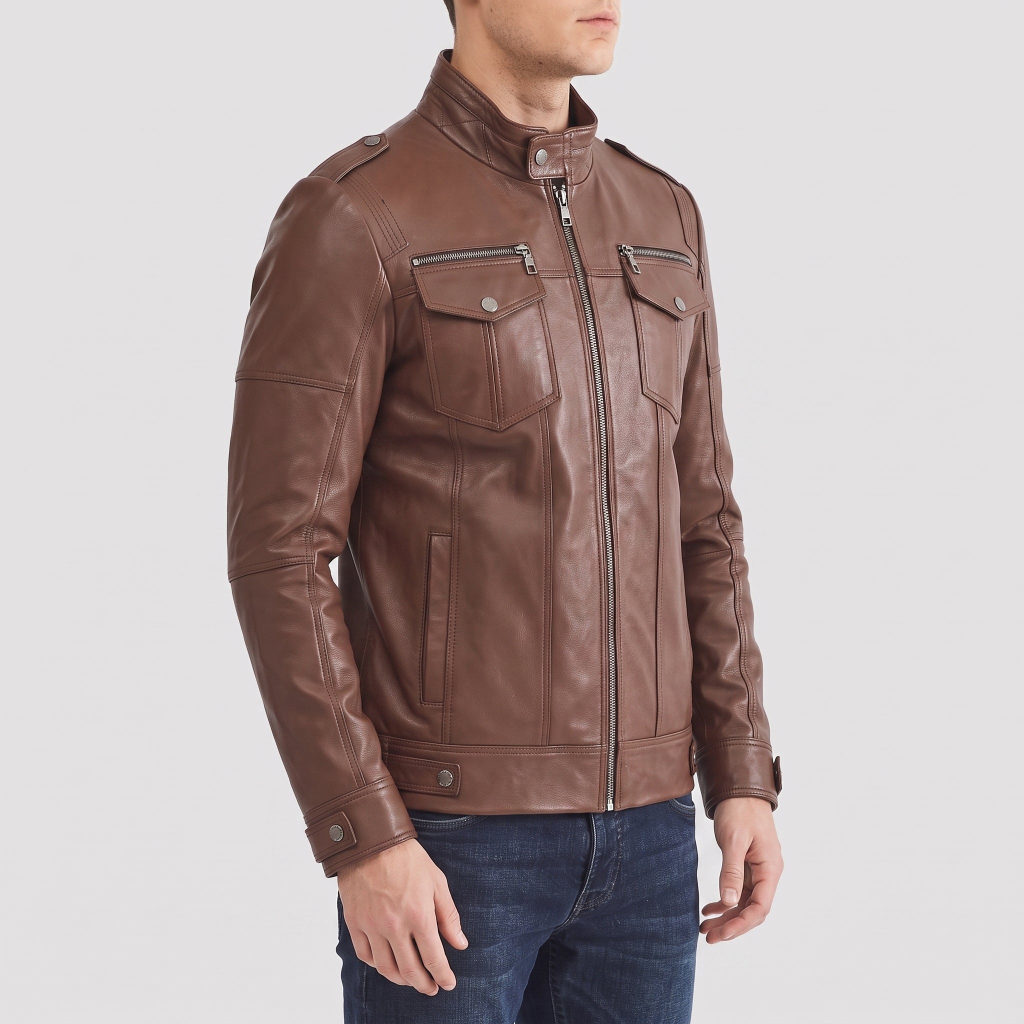Men's Brown Leather Biker Jacket — Highley