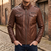 Men's Brown Leather Biker Jacket — Highley
