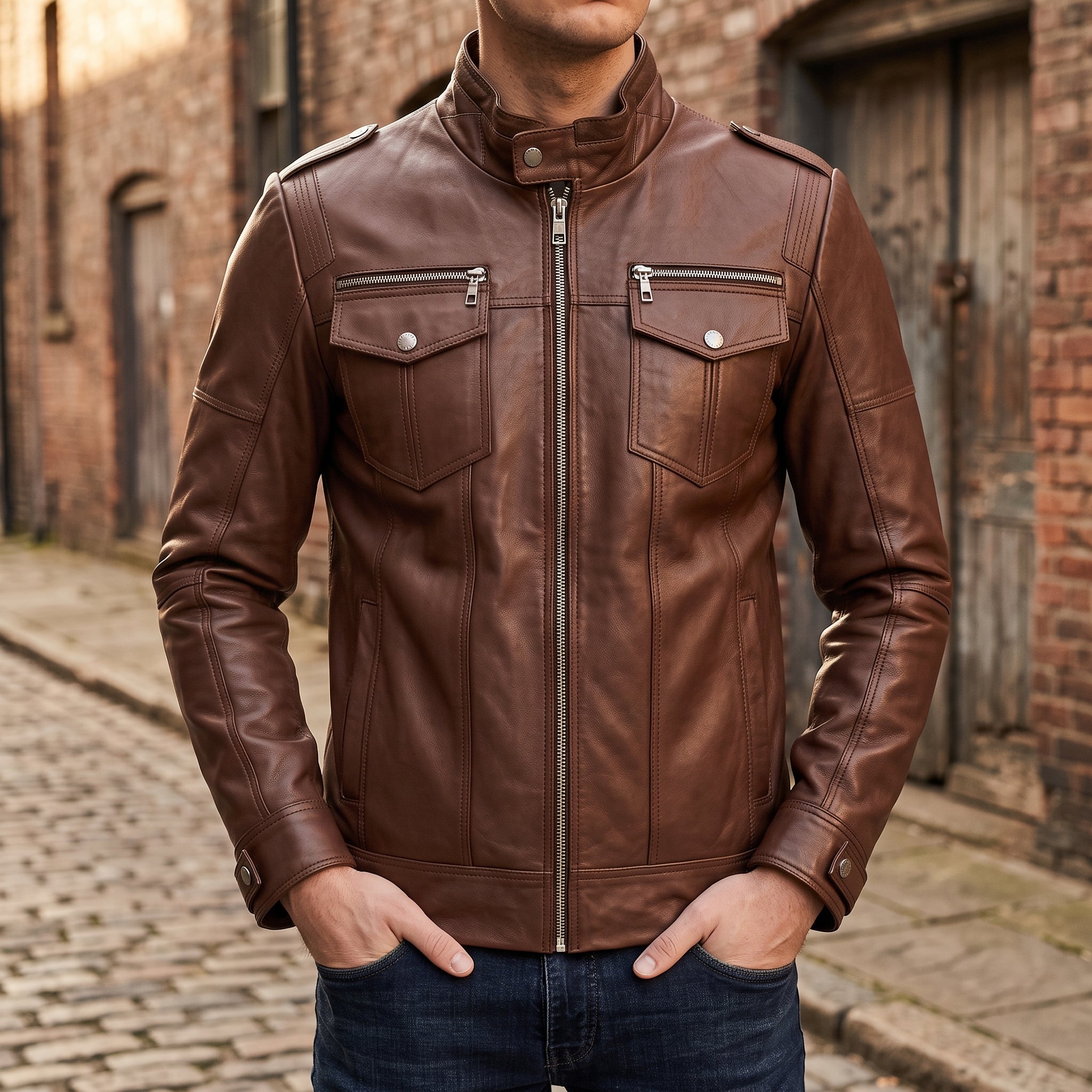 Men's Brown Leather Biker Jacket — Highley