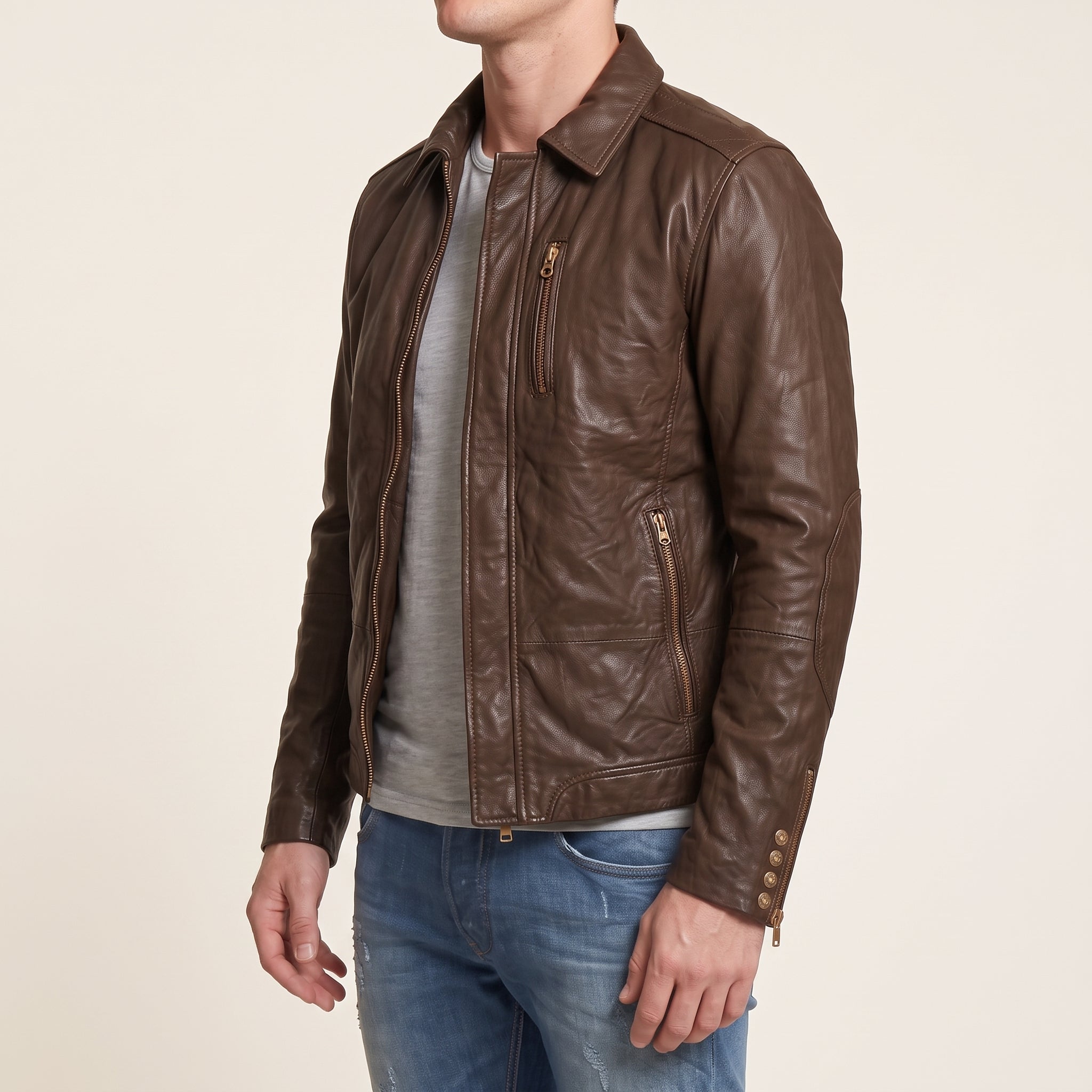 Men's Brown Leather Biker Jacket — Hooper