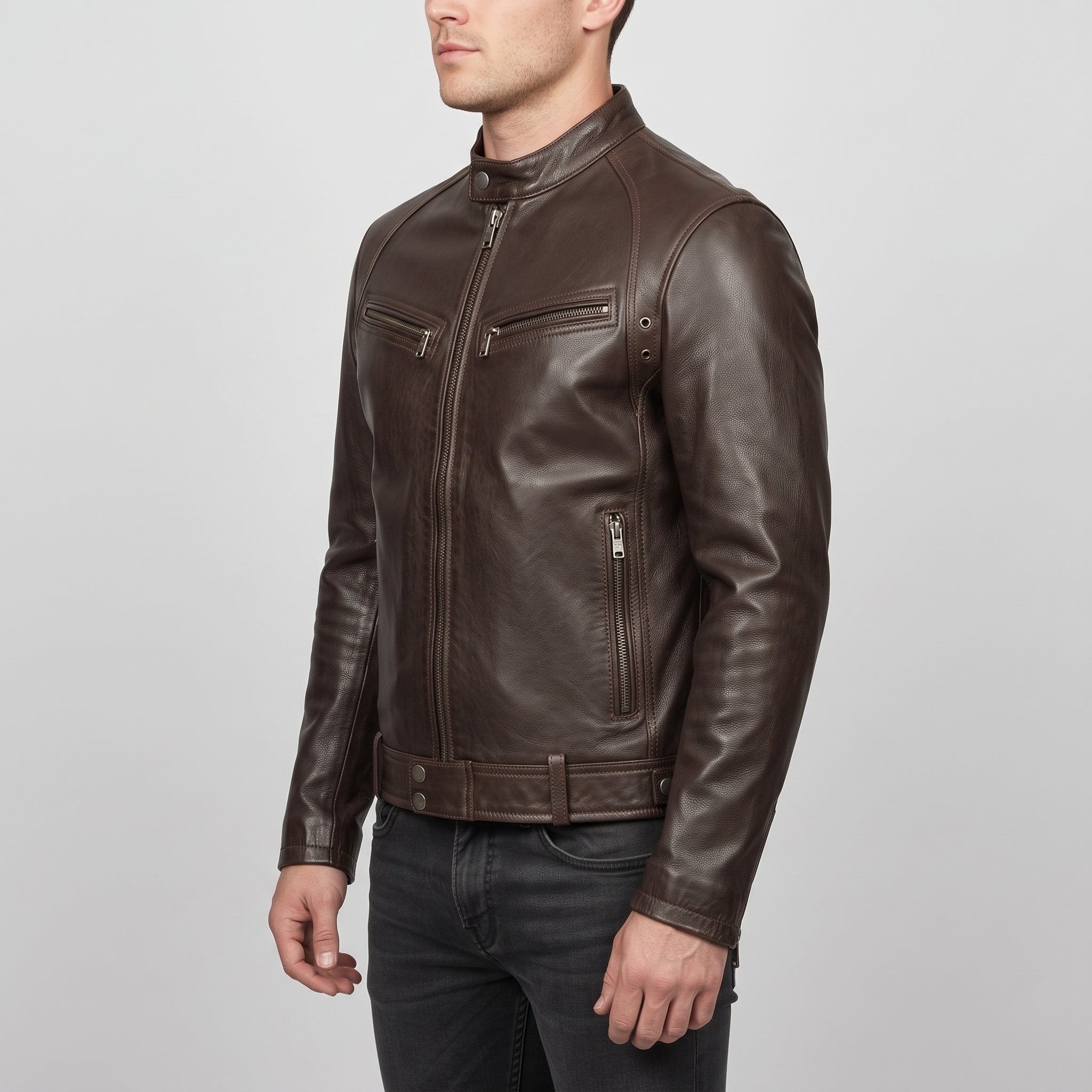 Men's Brown Leather Biker Jacket — Irby