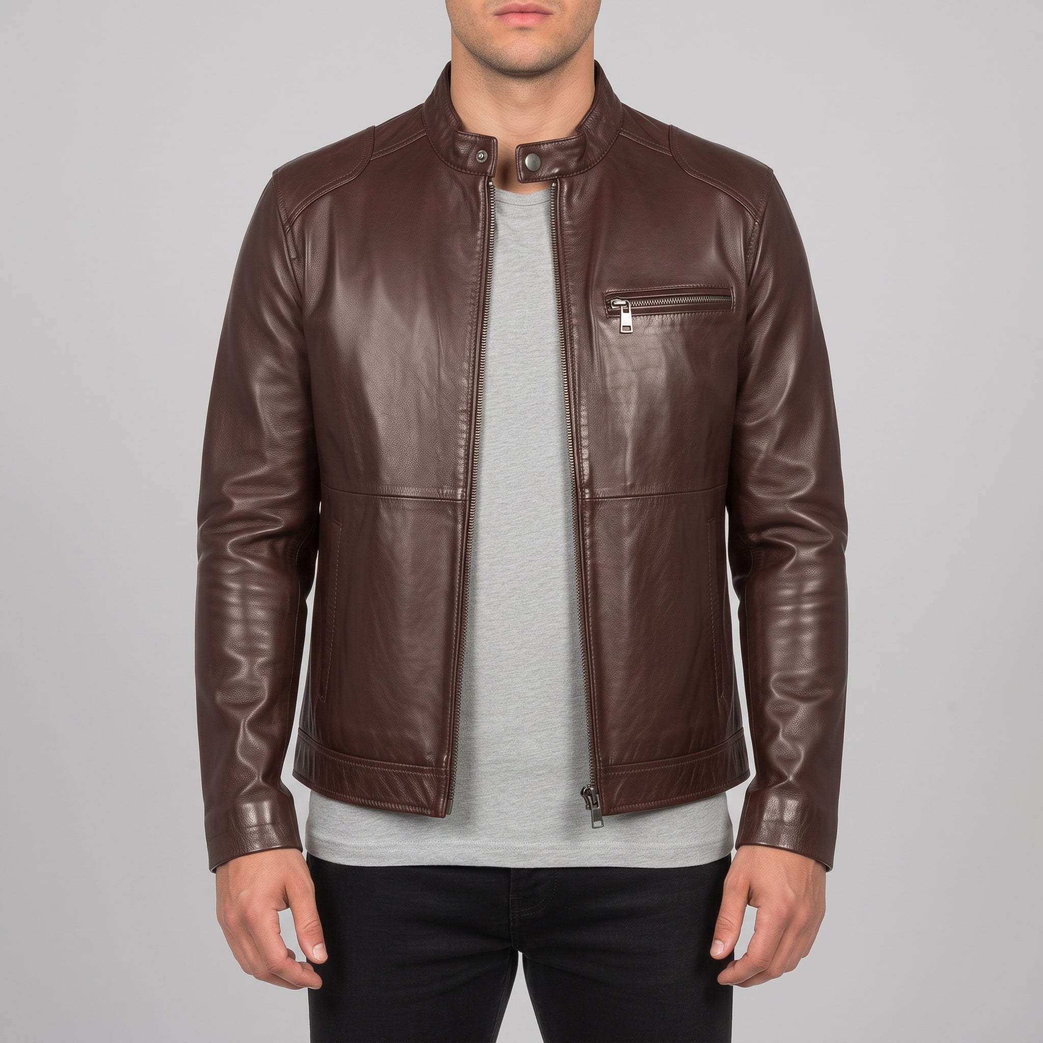 Men's Brown Leather Biker Jacket — Kendal