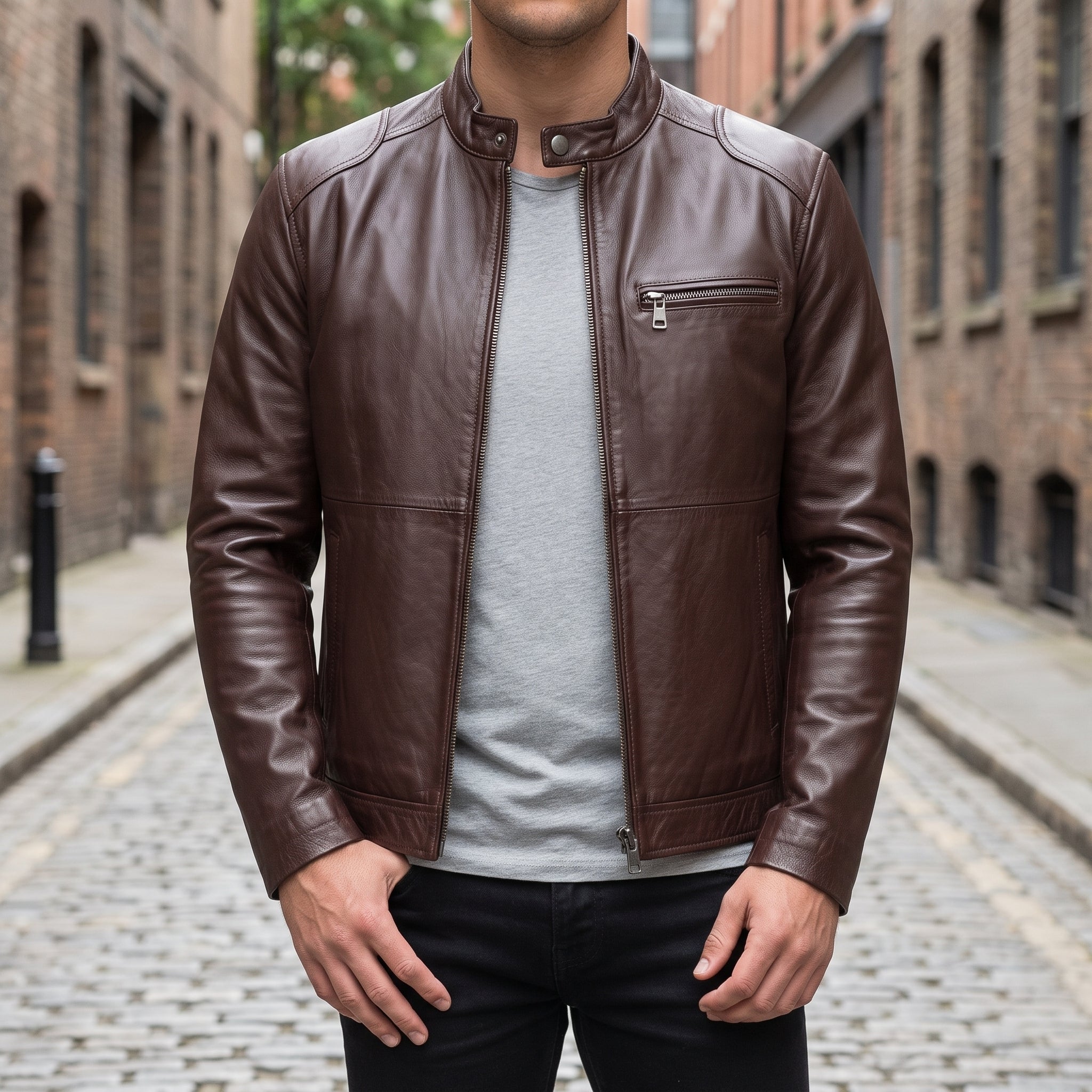 Men's Brown Leather Biker Jacket — Kendal