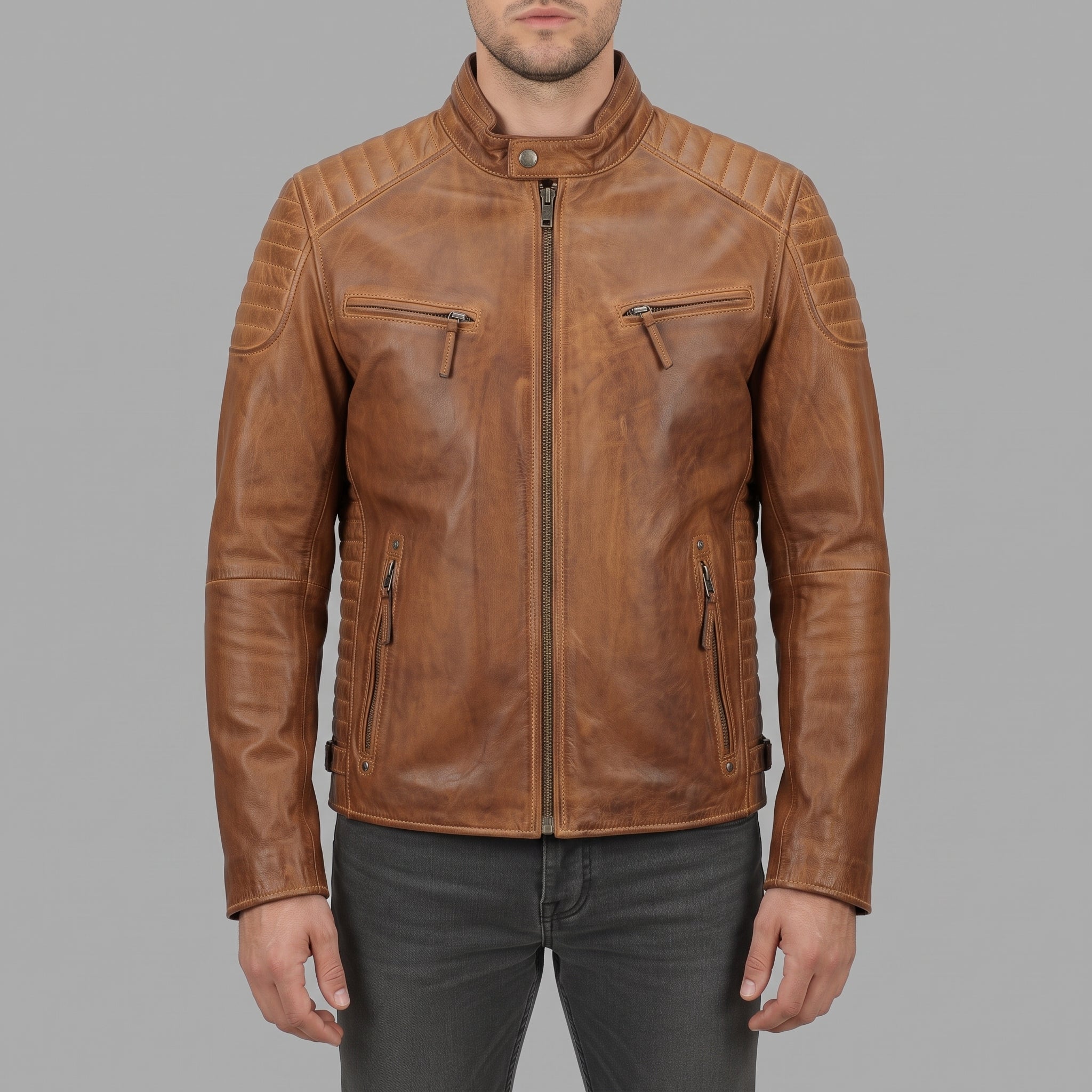 Men's Brown Quilted Leather Cafe Racer Jacket — Lockhart