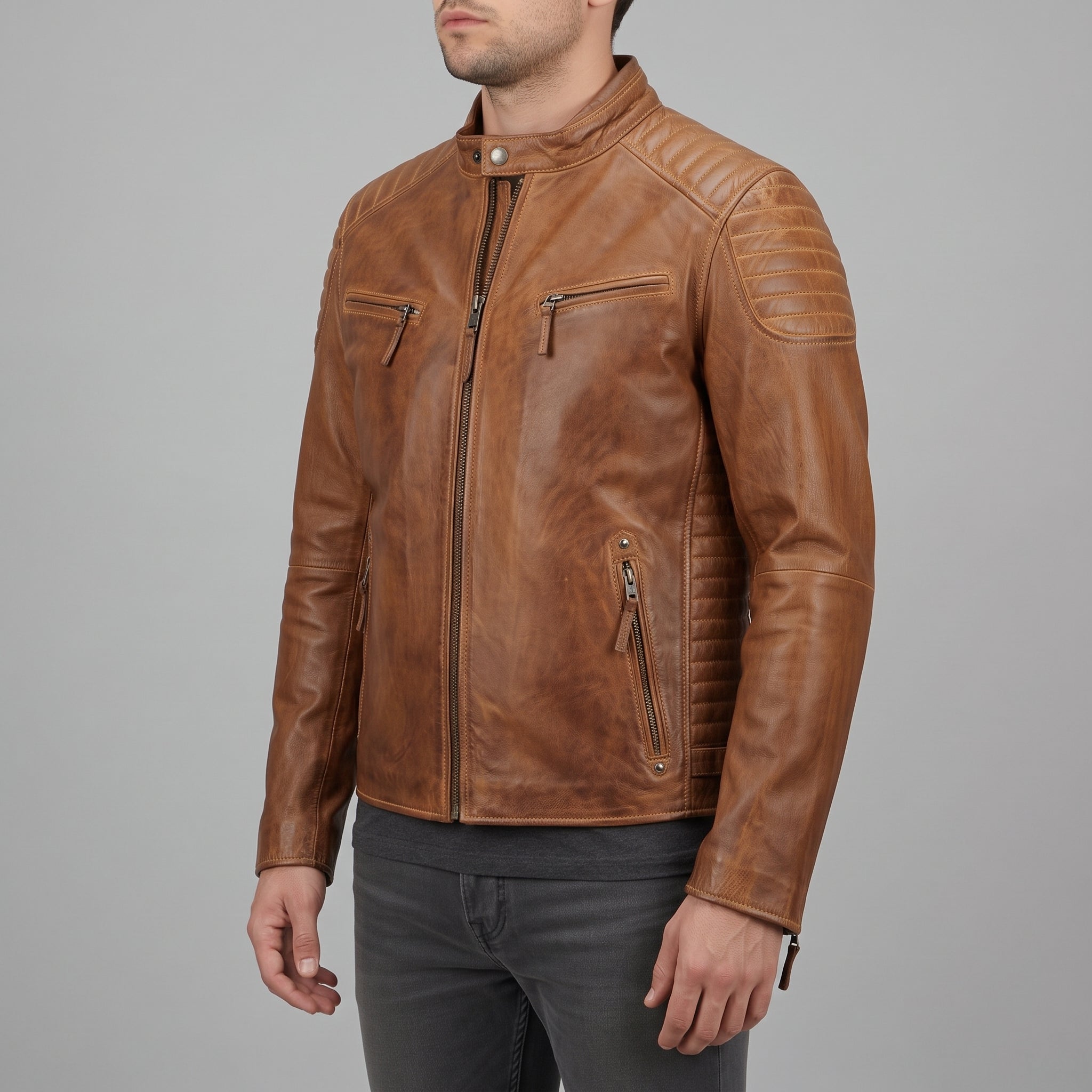 Men's Brown Quilted Leather Cafe Racer Jacket — Lockhart