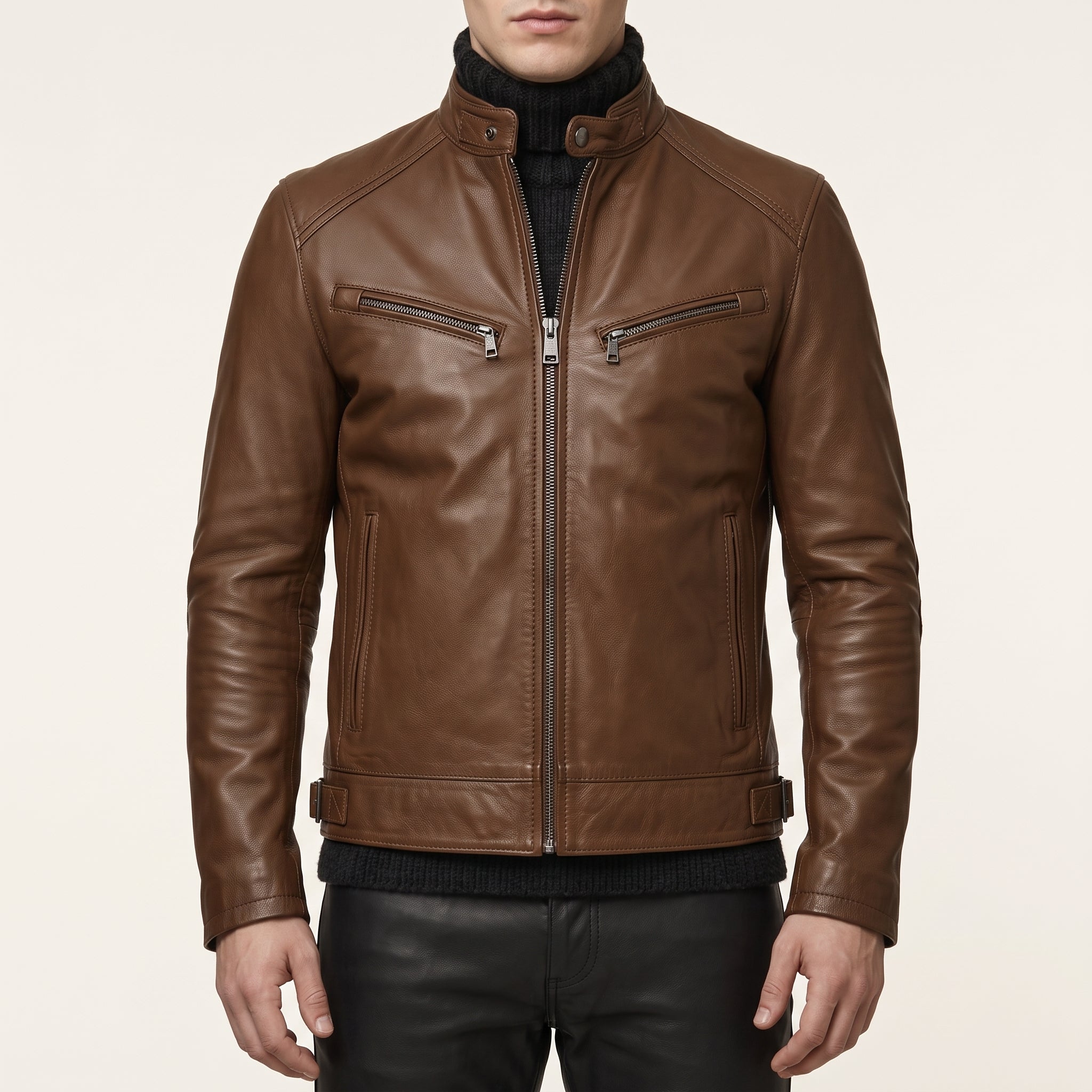 Men's Brown Leather Biker Jacket — Luton