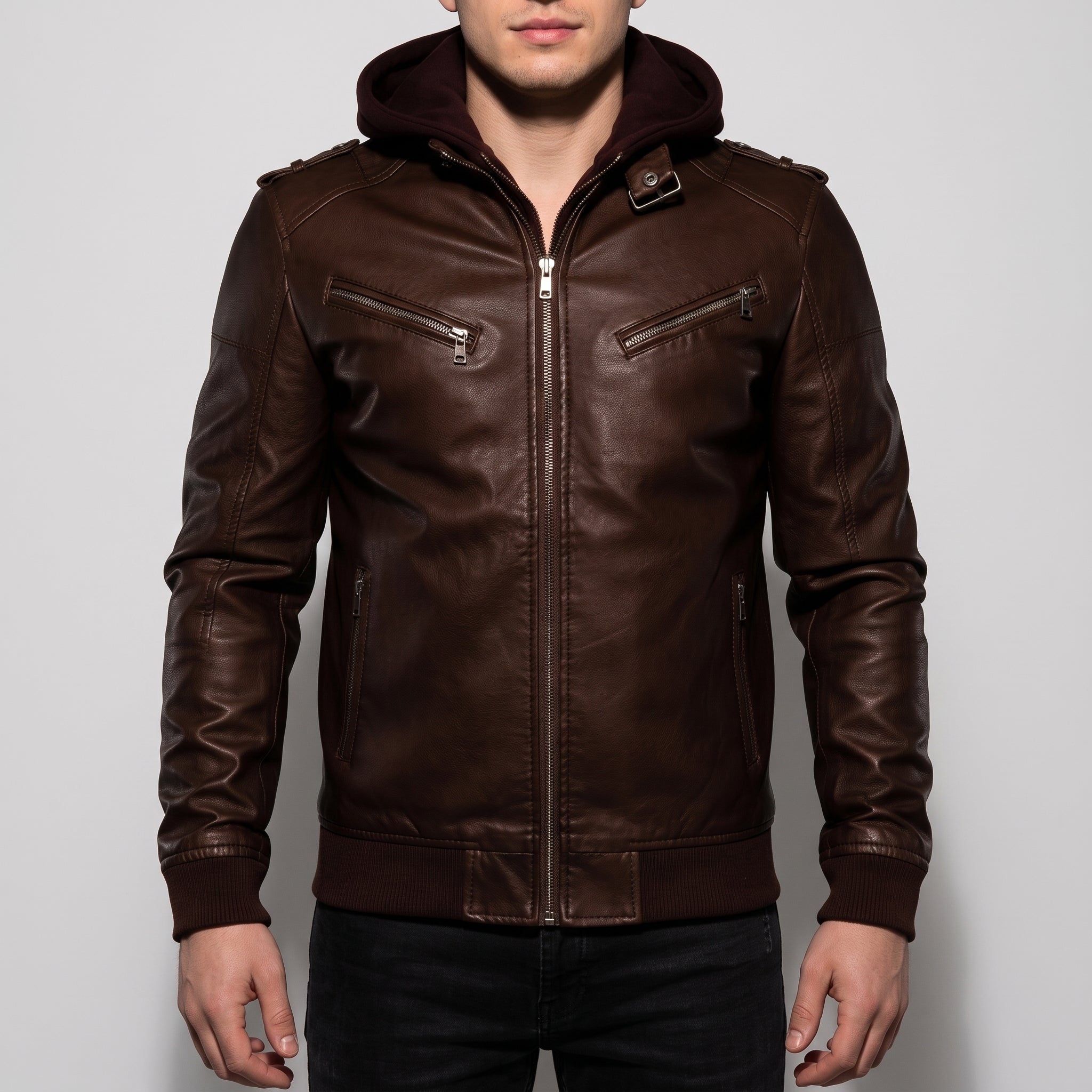 Men's Brown Leather Biker Jacket — Prior