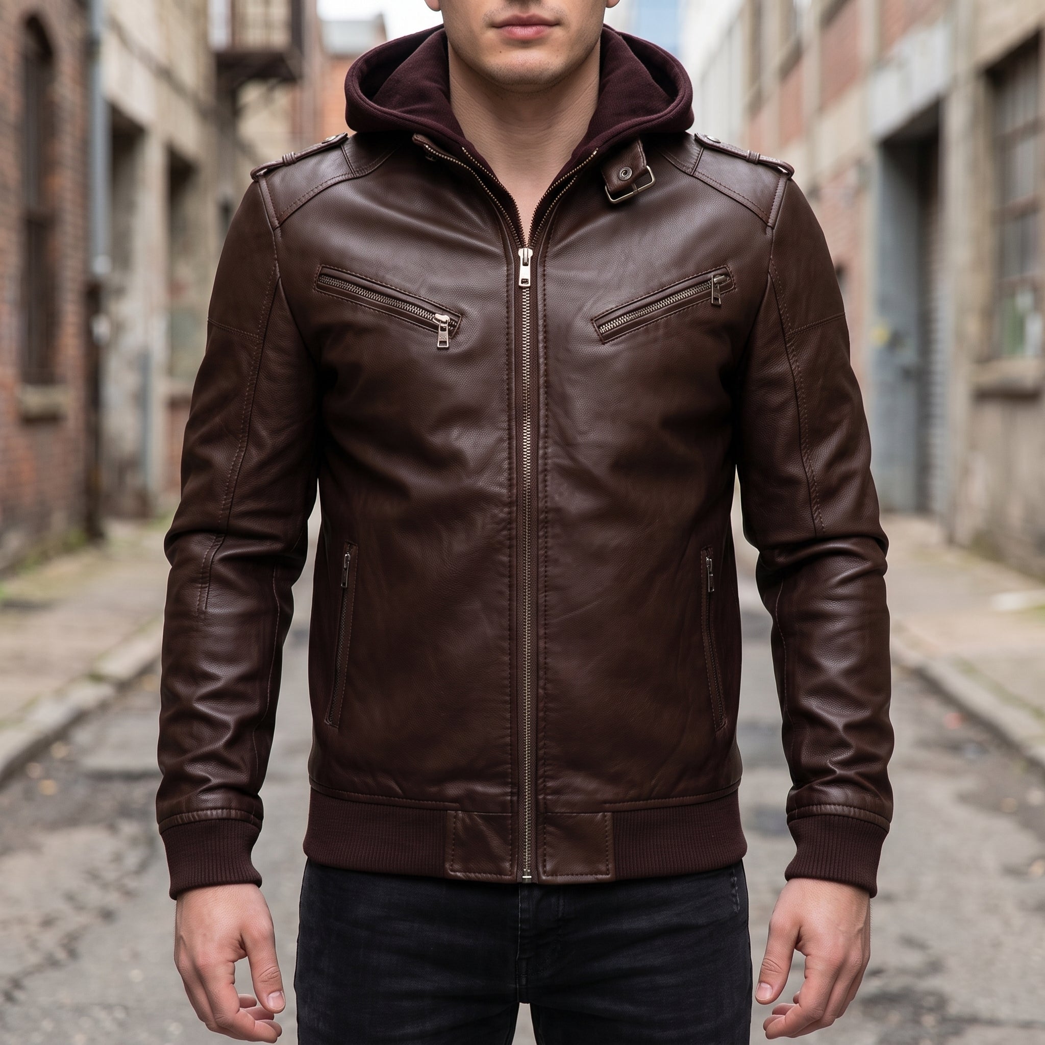 Men's Brown Leather Biker Jacket — Prior
