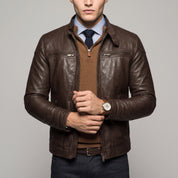 Men's Brown Leather Biker Jacket — Stamford