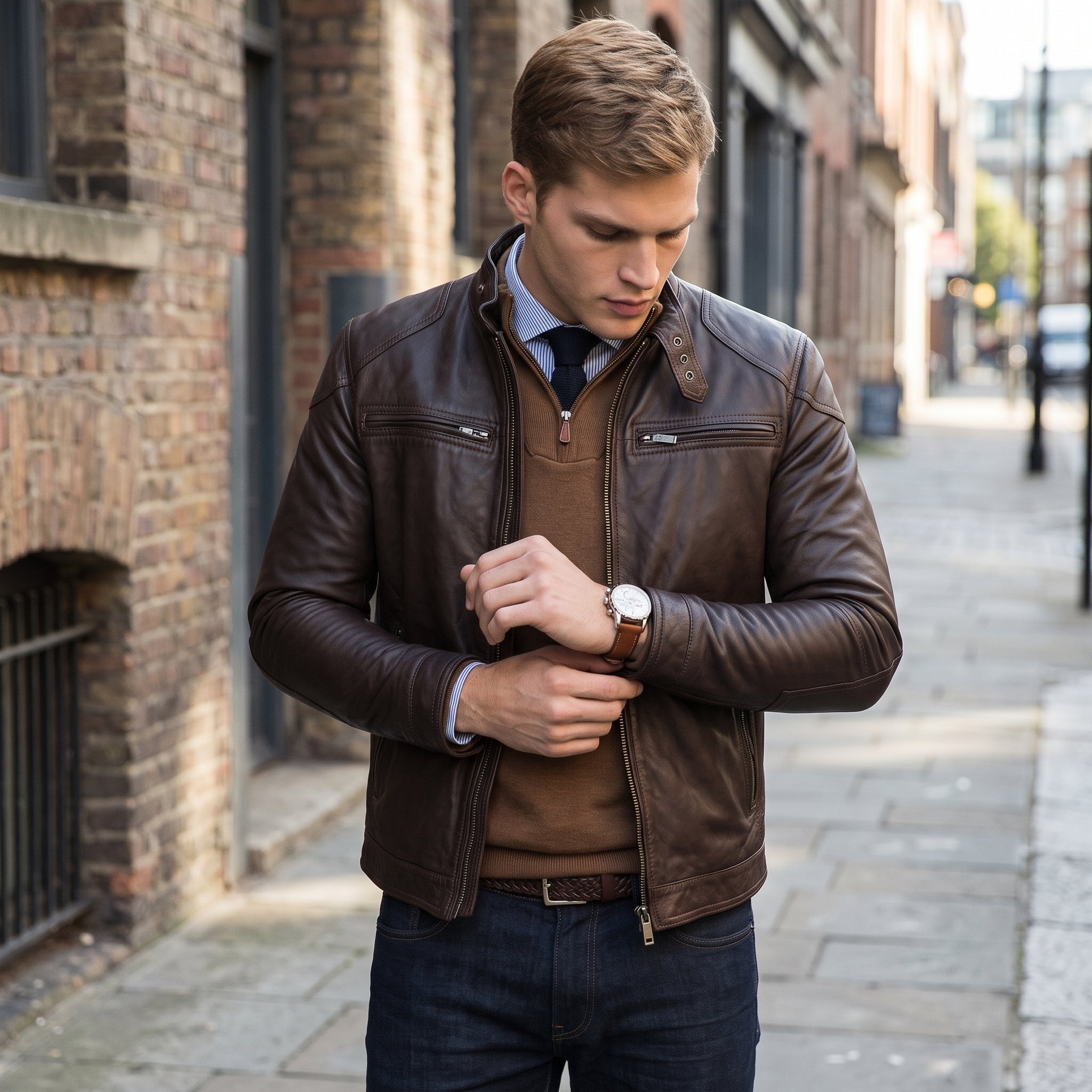 Men's Brown Leather Biker Jacket — Stamford