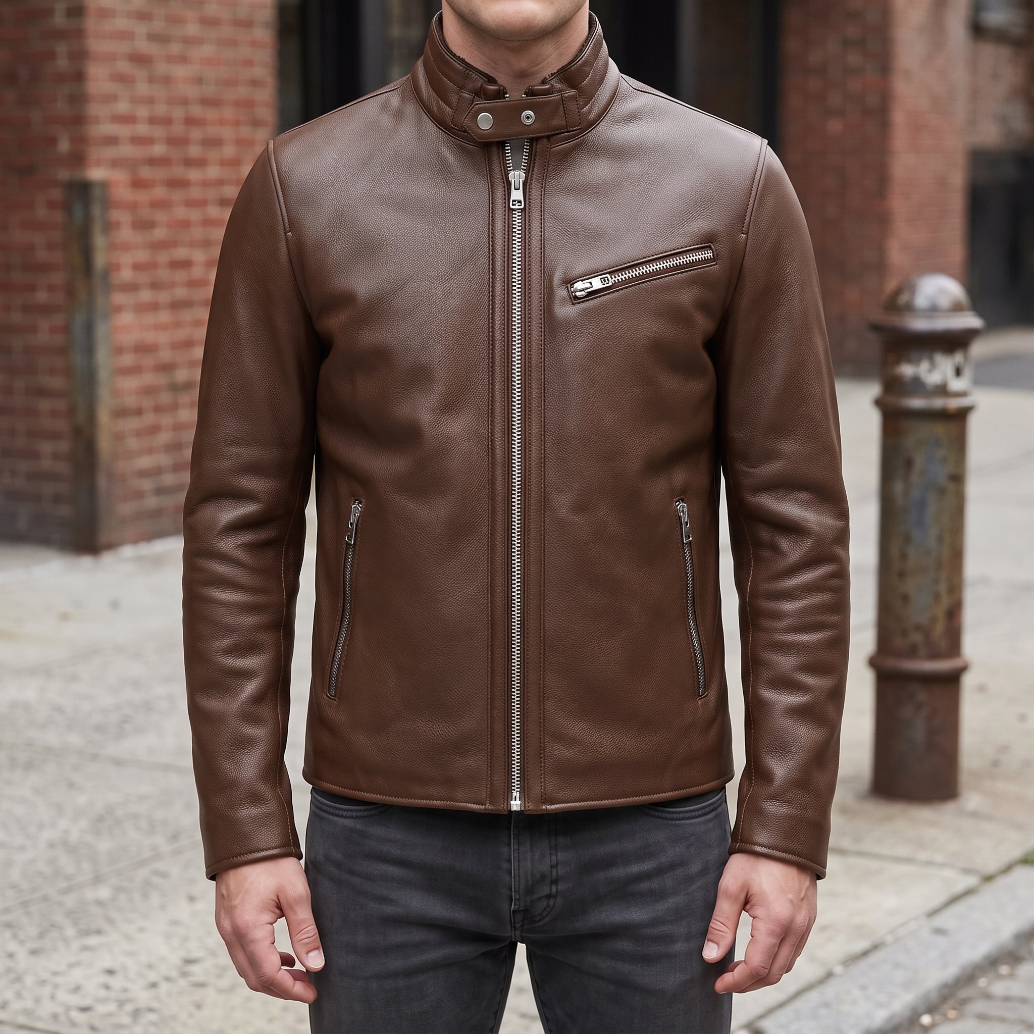 Men's Brown Leather Biker Jacket — Uckfield