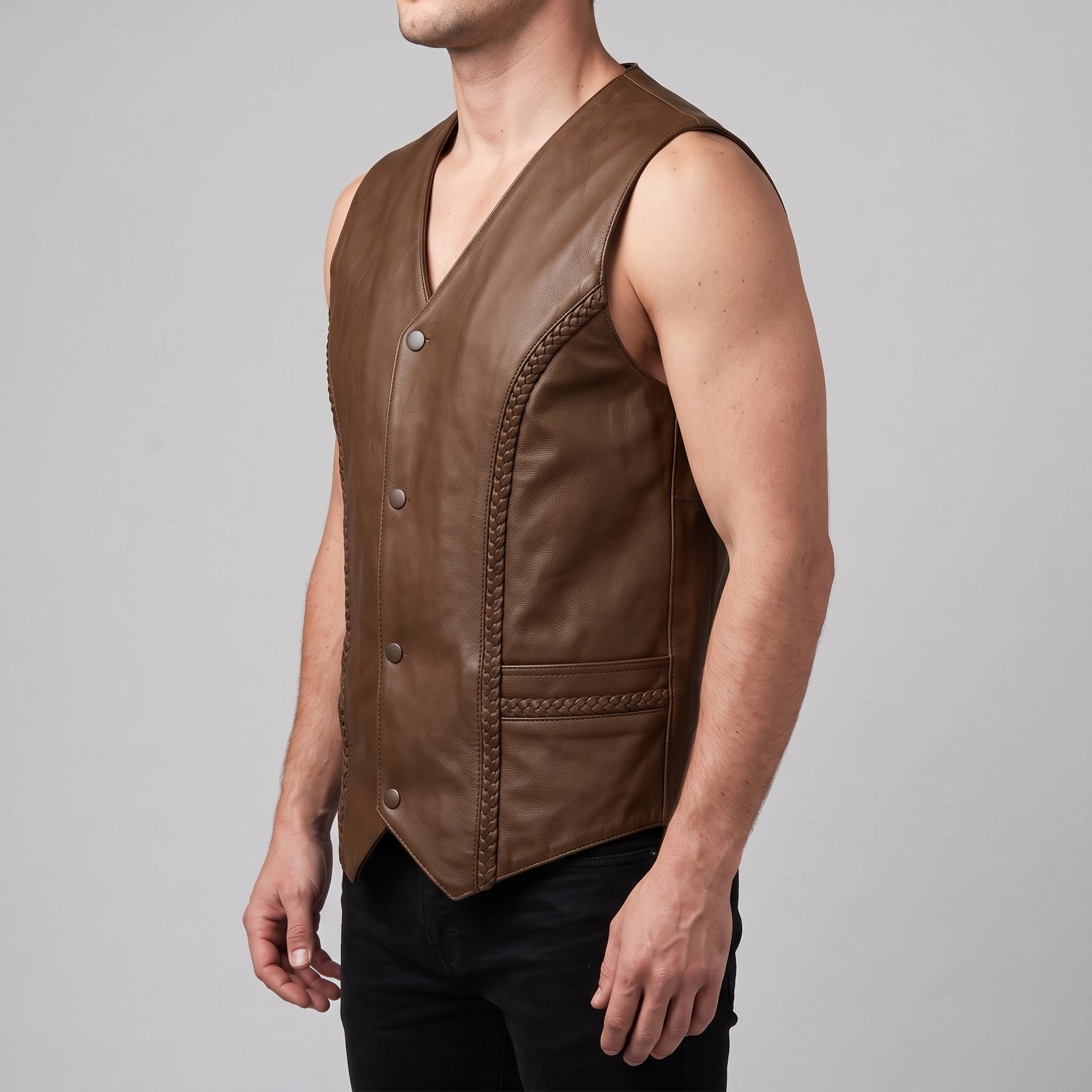Men's Brown Leather Biker Vest — Culworth
