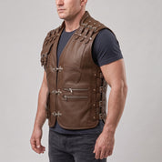 Men's Brown Leather Biker Vest — Newman