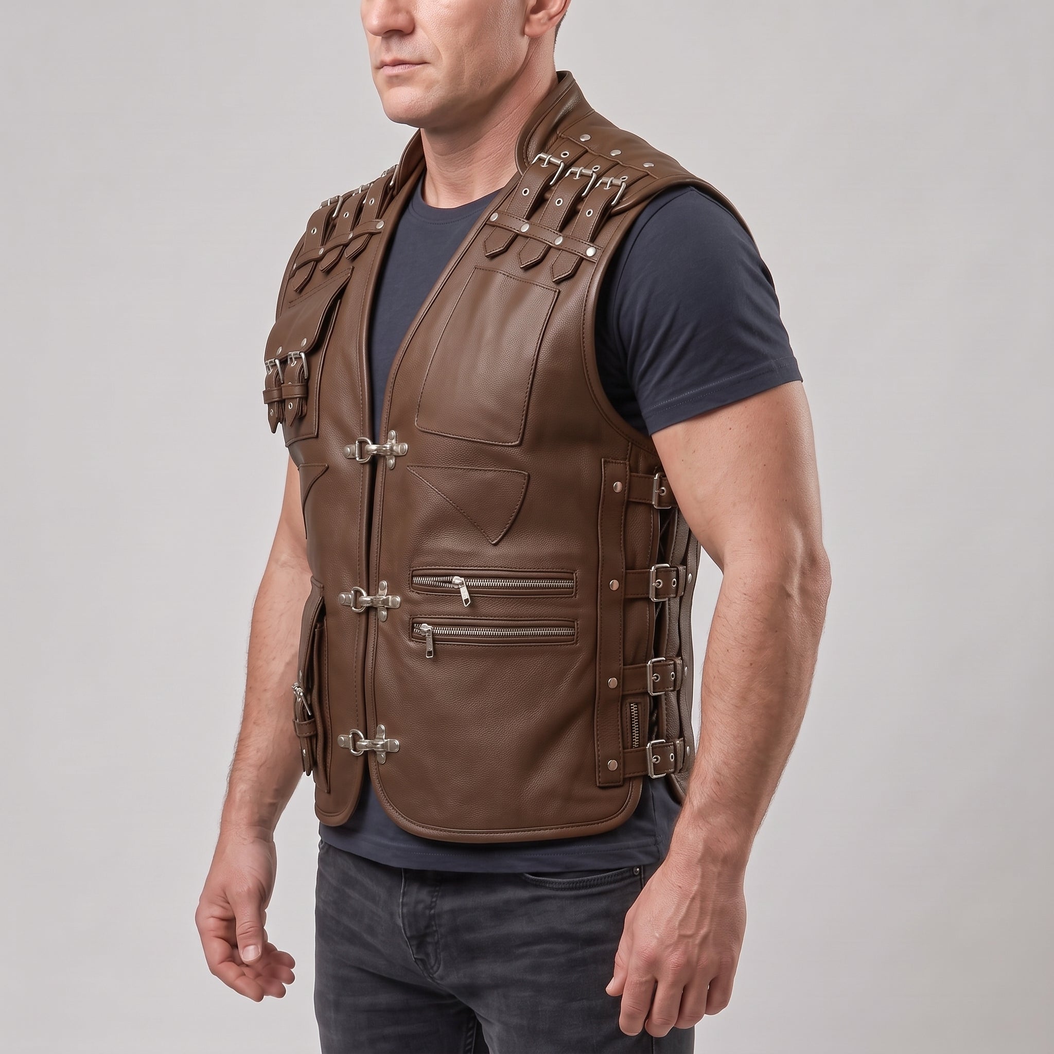 Men's Brown Leather Biker Vest — Newman