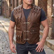 Men's Brown Leather Biker Vest — Newman