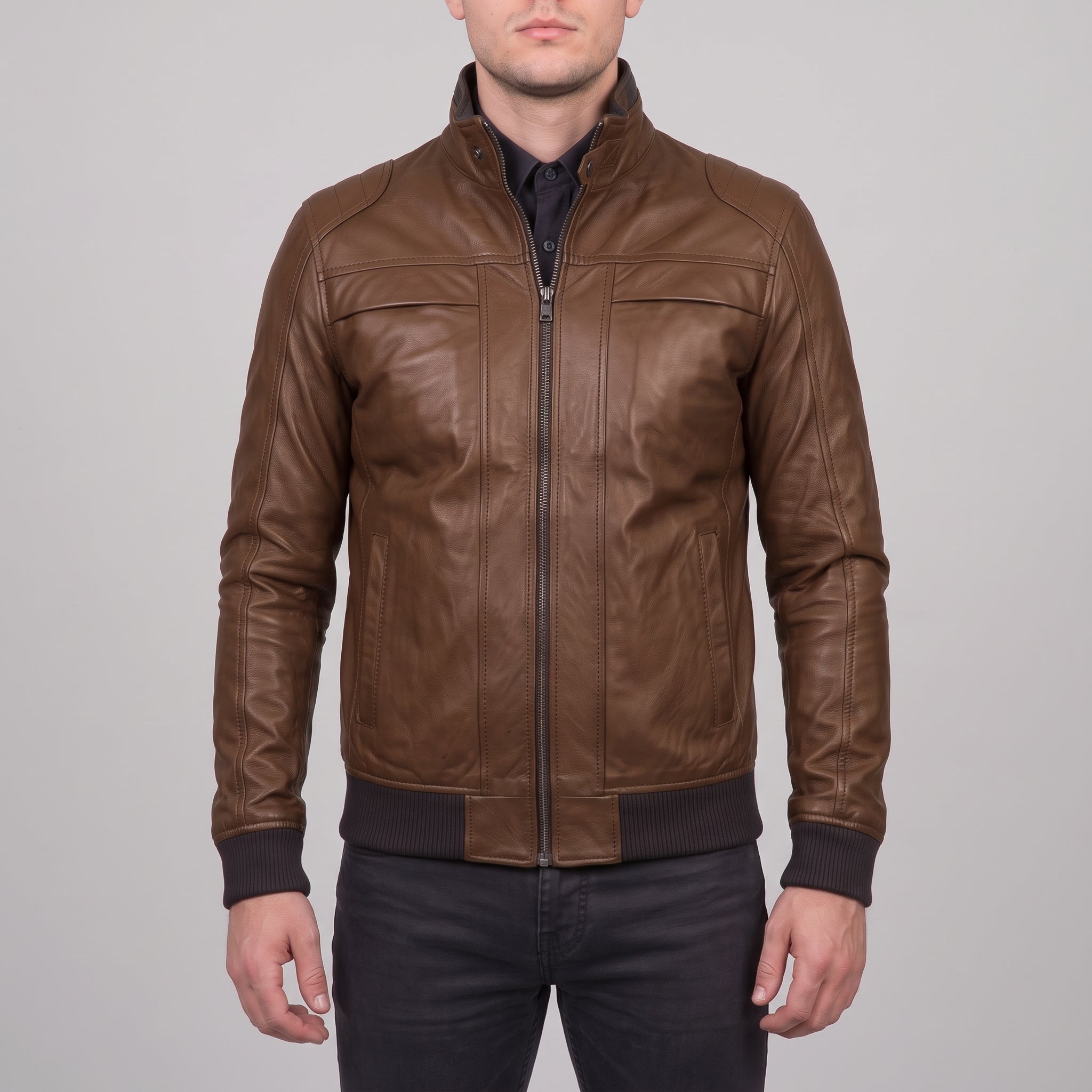 Men's Brown Leather Bomber Jacket — Blake