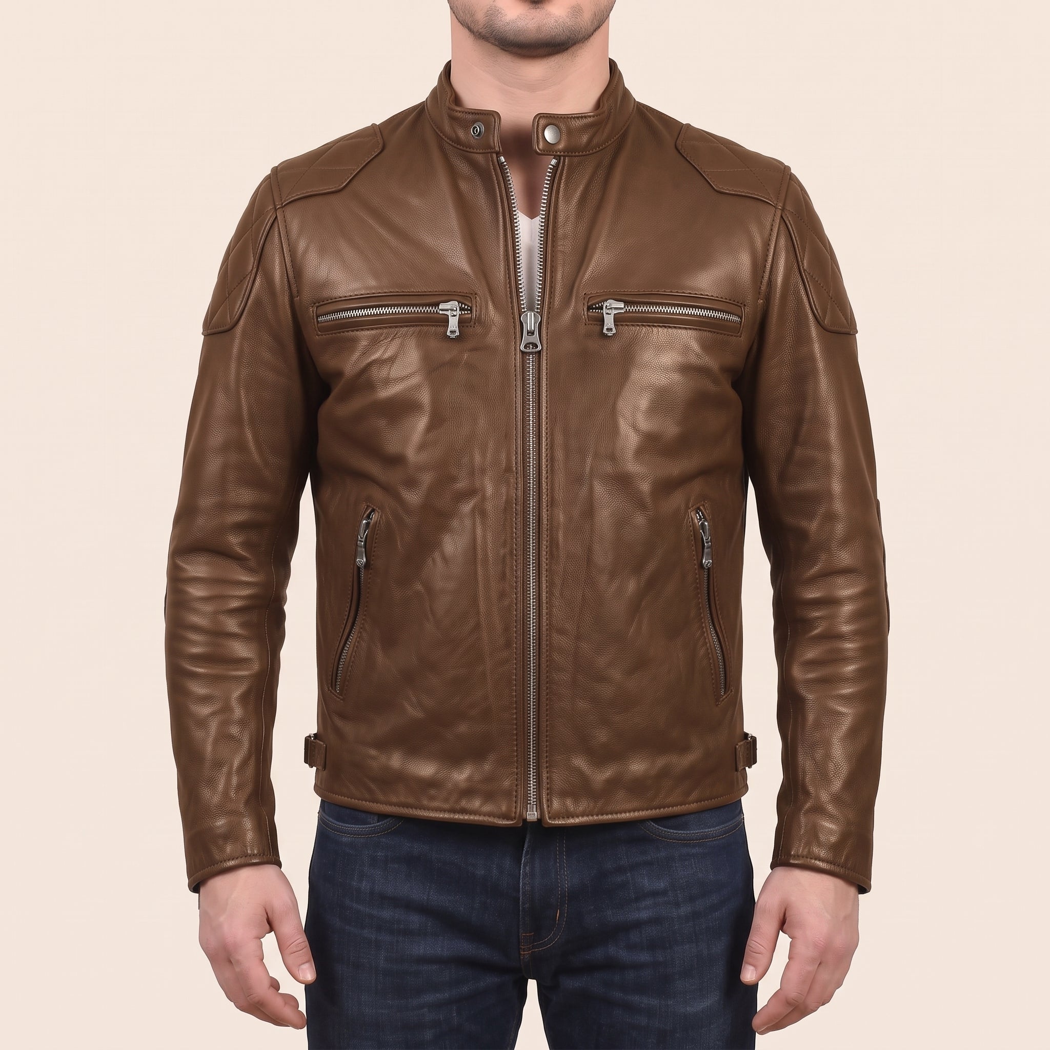 Men's Brown Leather Cafe Racer Jacket — Bickleigh