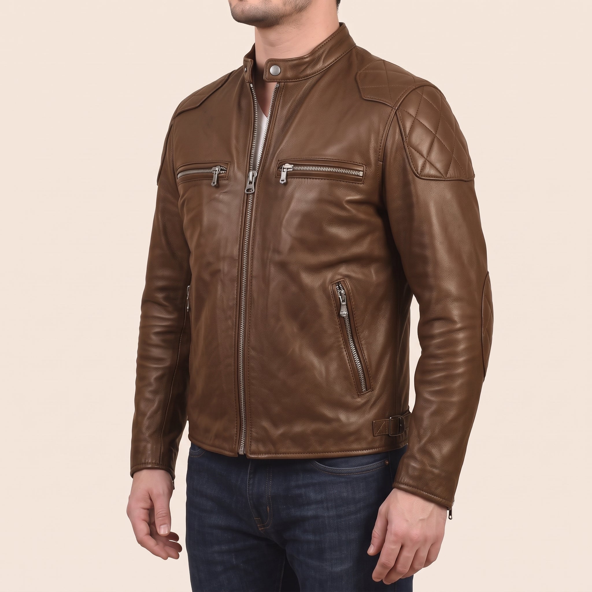 Men's Brown Leather Cafe Racer Jacket — Bickleigh