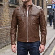 Men's Brown Leather Cafe Racer Jacket — Bickleigh