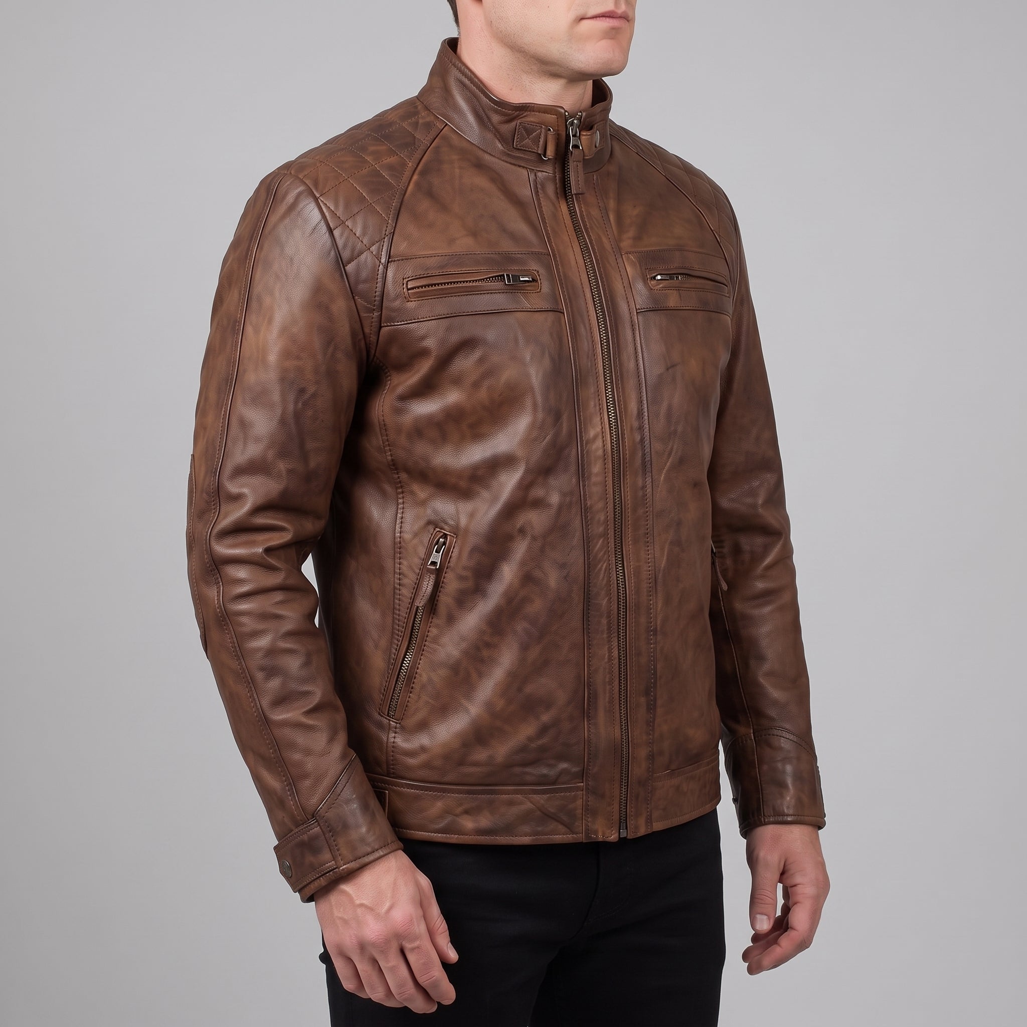 Men's Brown Leather Cafe Racer Jacket — Gatfield