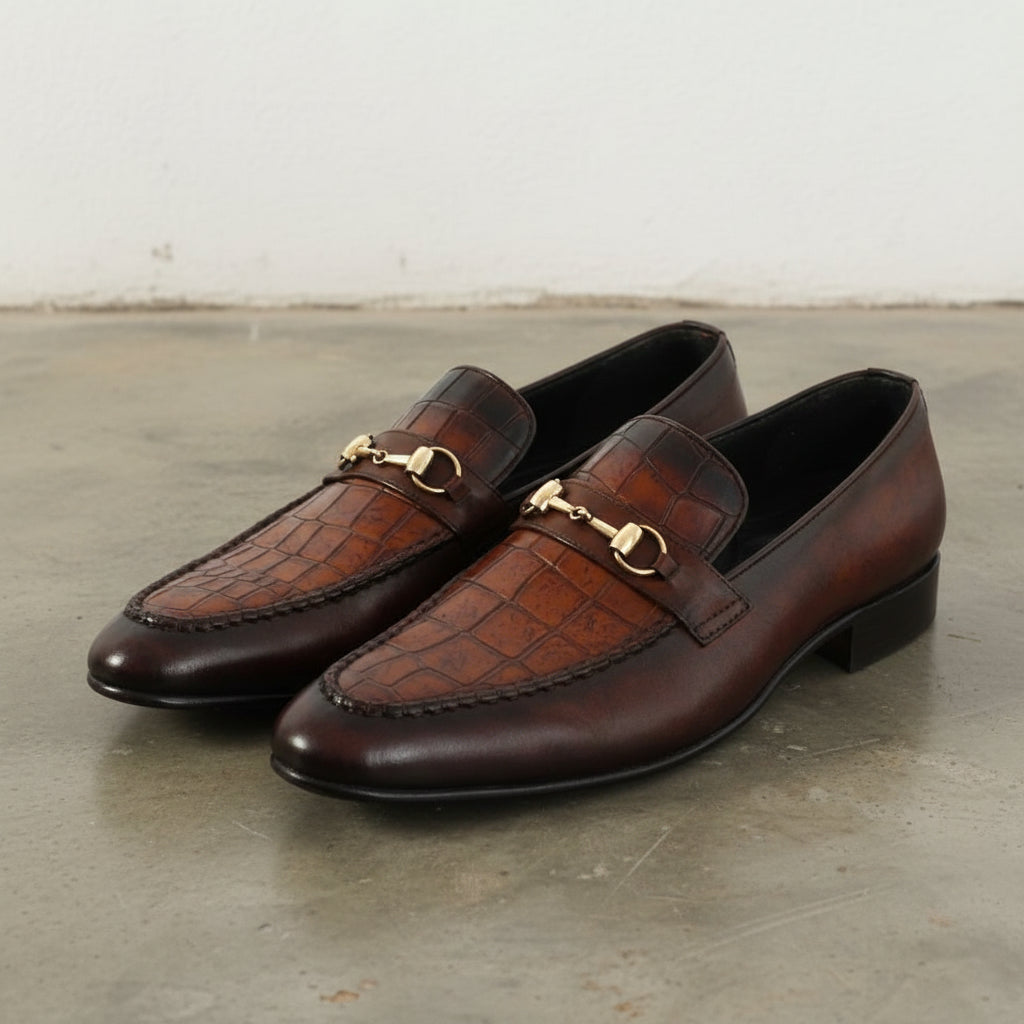 Mens brown leather formal shoes, Men Crocodile patterned shoes moccasins - angle-view-showing-depth