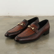 Mens brown leather formal shoes, Men Crocodile patterned shoes moccasins - angle-view-showing-depth