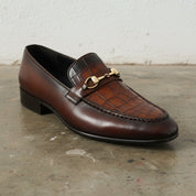 Mens brown leather formal shoes, Men Crocodile patterned shoes moccasins - detail-view-showing-texture