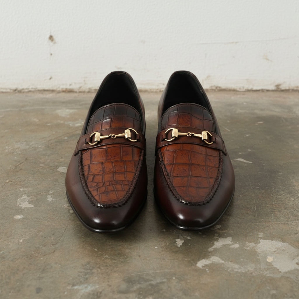 Mens brown leather formal shoes, Men Crocodile patterned shoes moccasins - front-view