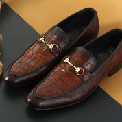 Mens brown leather formal shoes, Men Crocodile patterned shoes moccasins