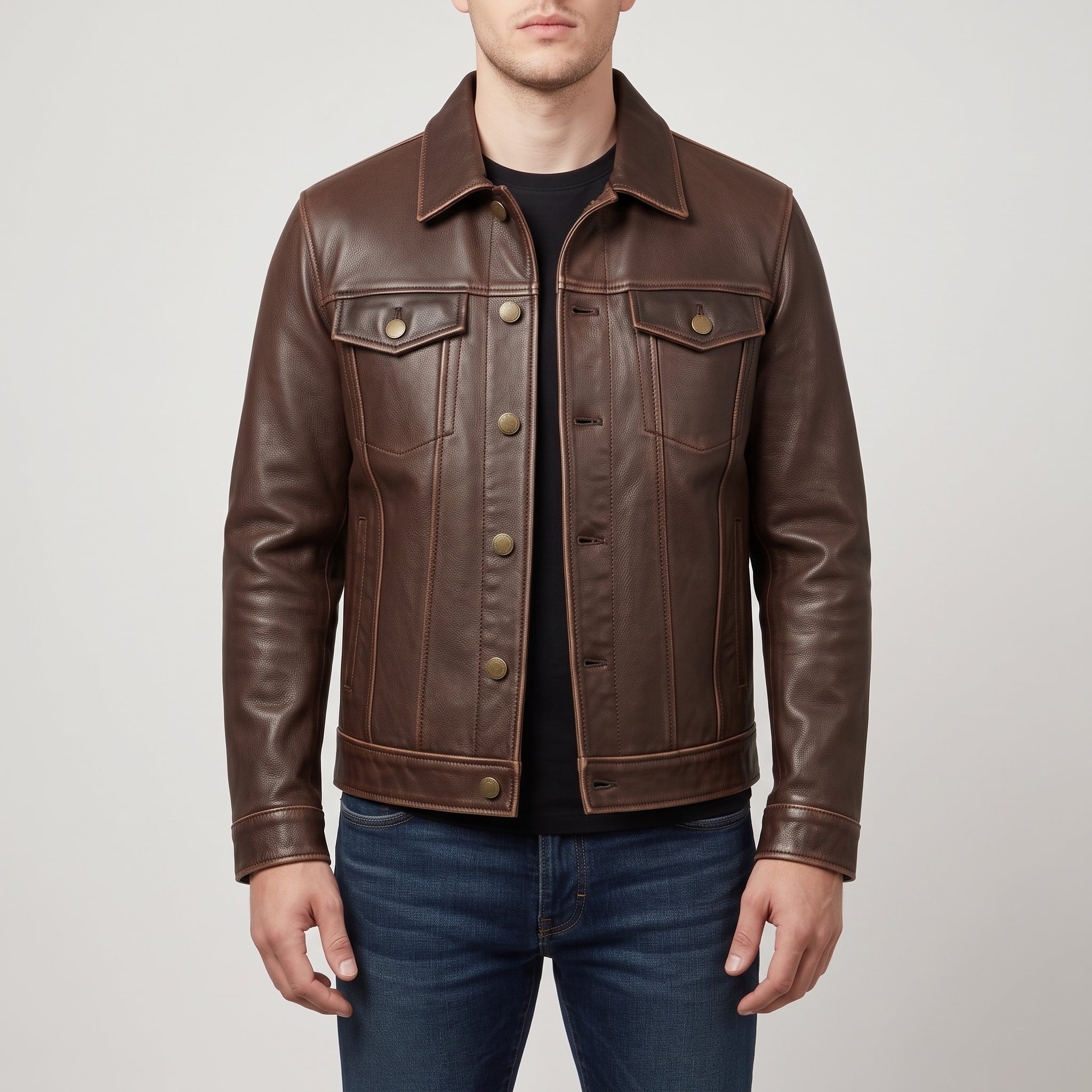 Men's Brown Leather Trucker Jacket — Baynards
