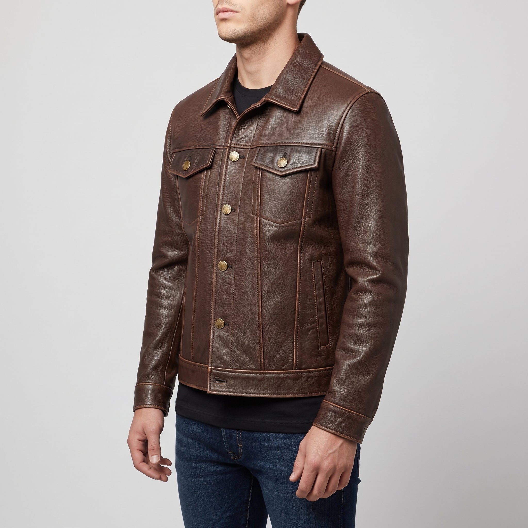 Men's Brown Leather Trucker Jacket — Baynards