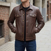 Men's Brown Leather Trucker Jacket — Baynards