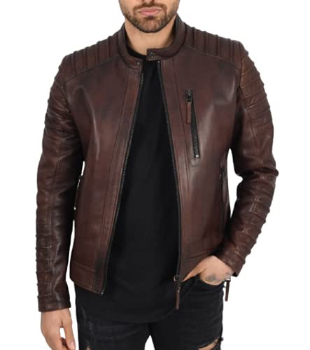 Mens Brown Leather Jacket, Brown Quilted Genuine Lambskin Biker jacket