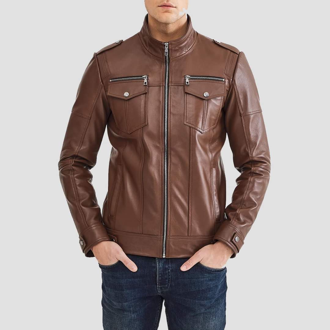 Mens brown leather jacket, Men multi pockets biker jacket Motorcycle jacket