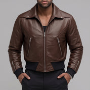 Men's Brown Leather Moto Bomber Jacket — Abberall
