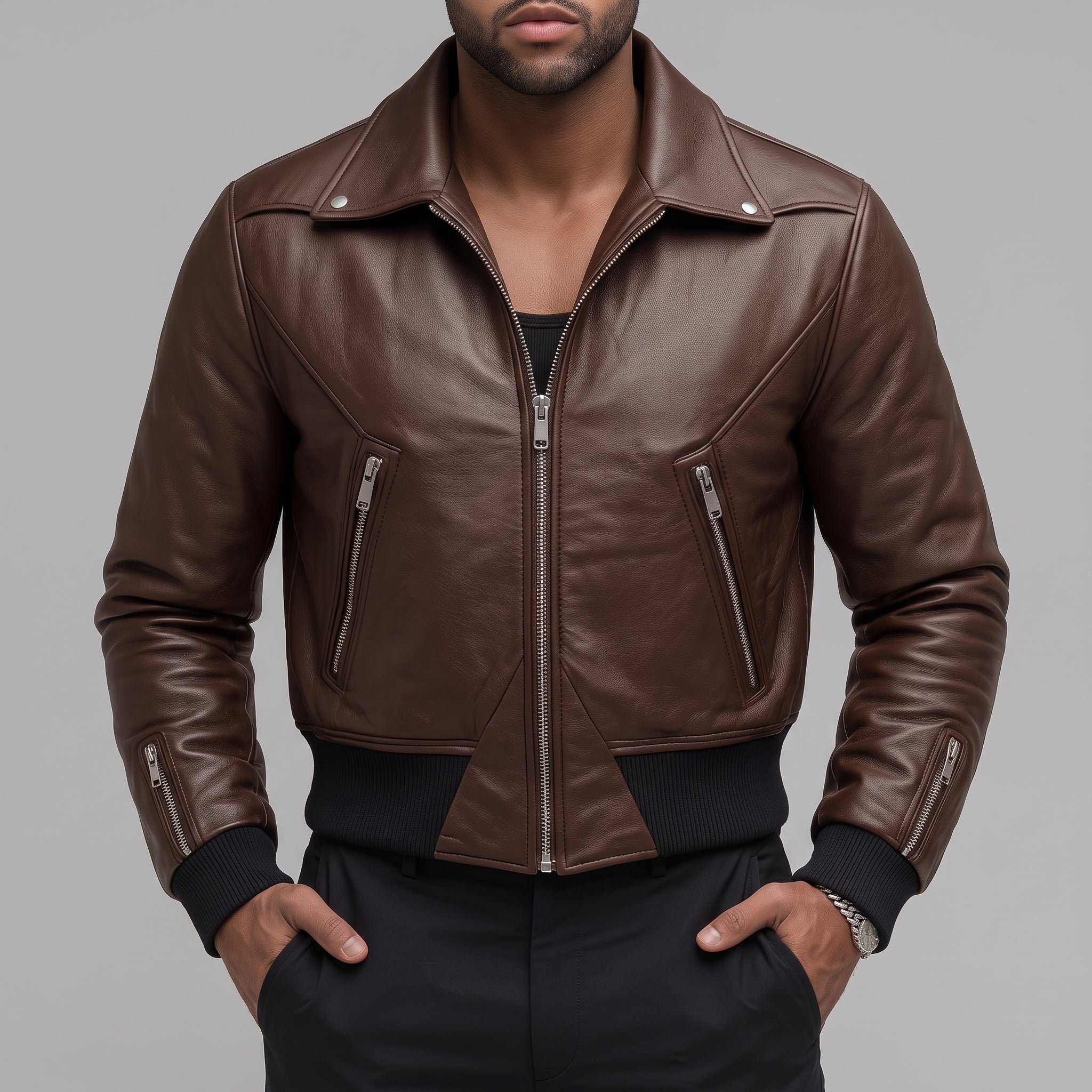 Men's Brown Leather Moto Bomber Jacket — Abberall