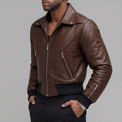 Men's Brown Leather Moto Bomber Jacket — Abberall