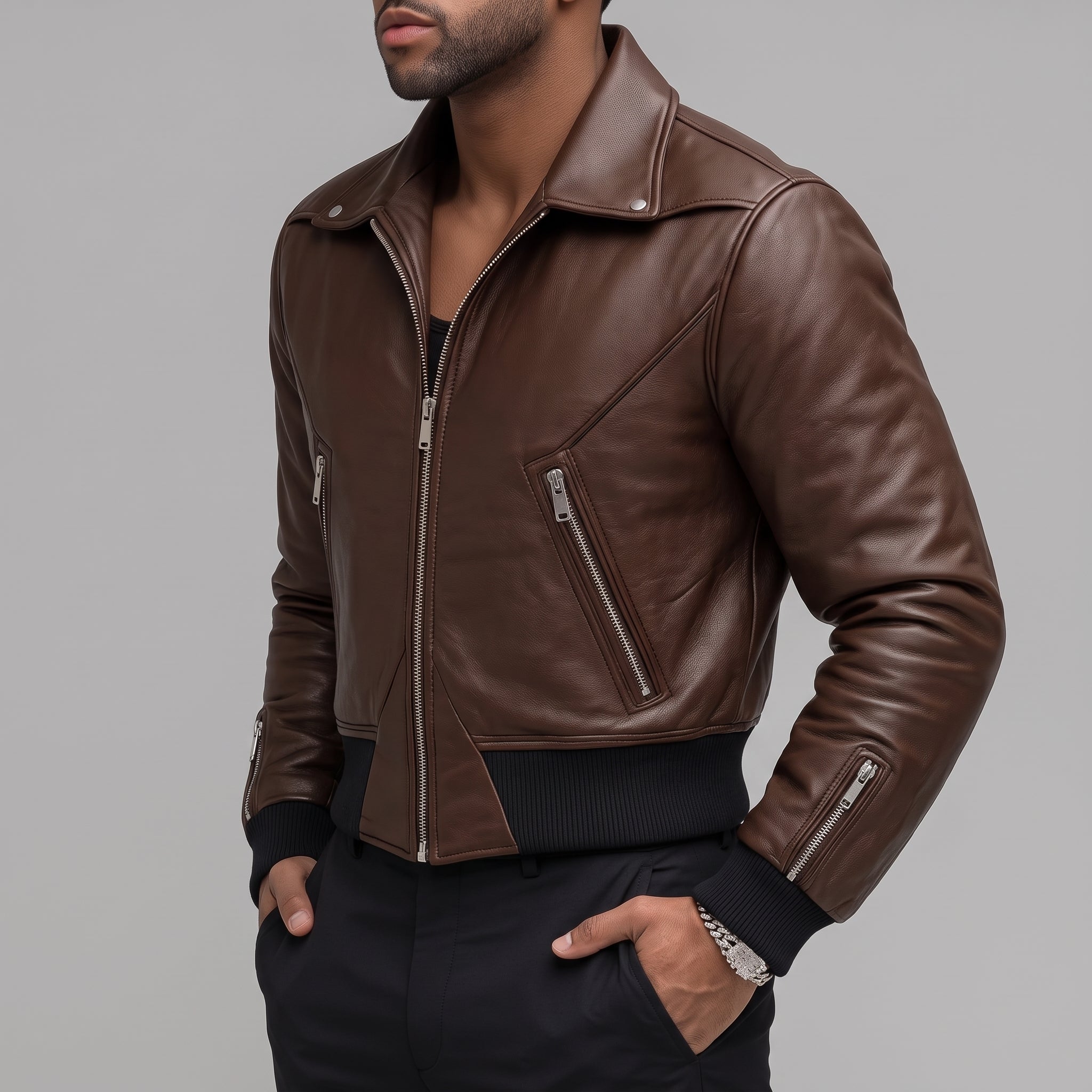 Men's Brown Leather Moto Bomber Jacket — Abberall