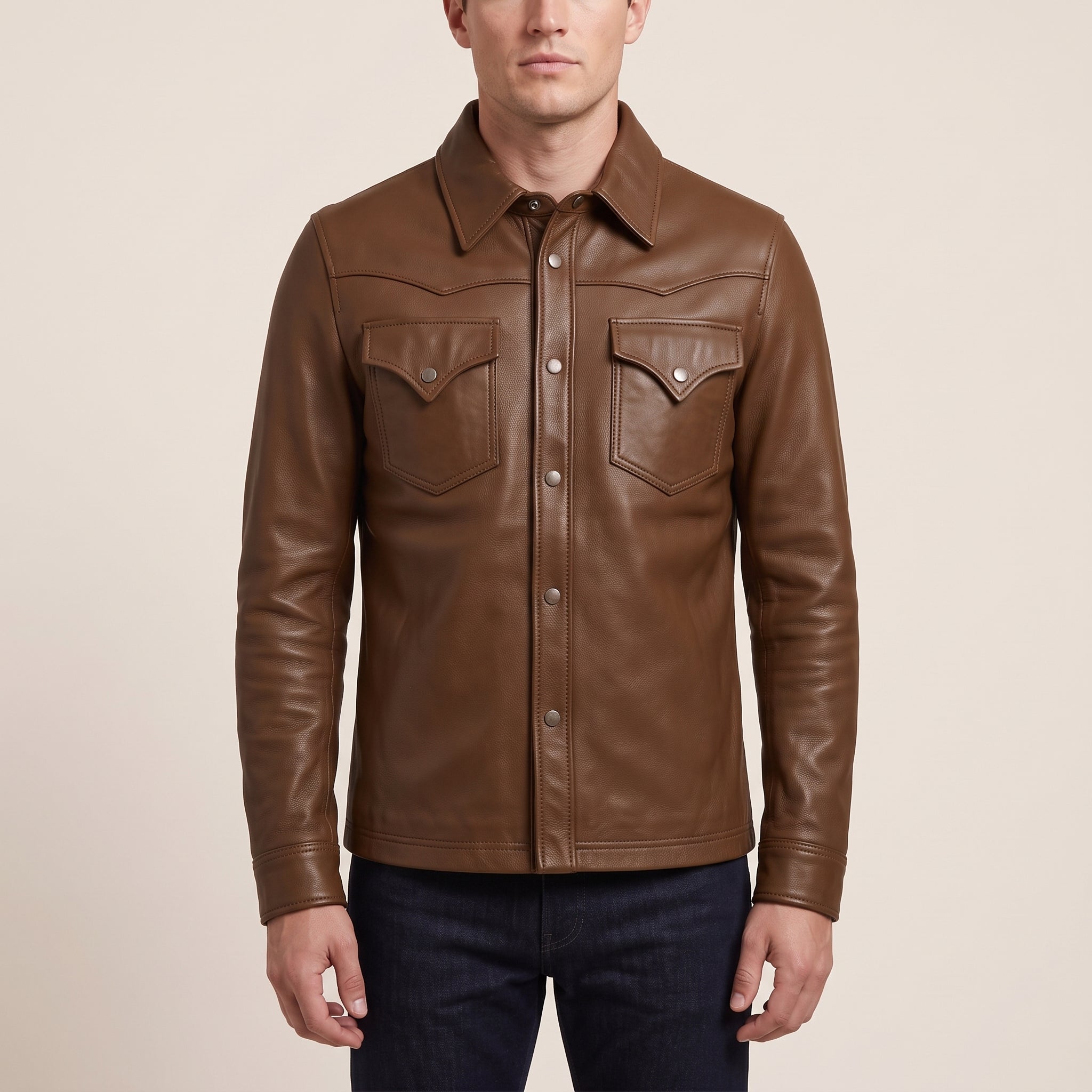 Men's Brown Leather Shirt Jacket — Cursley