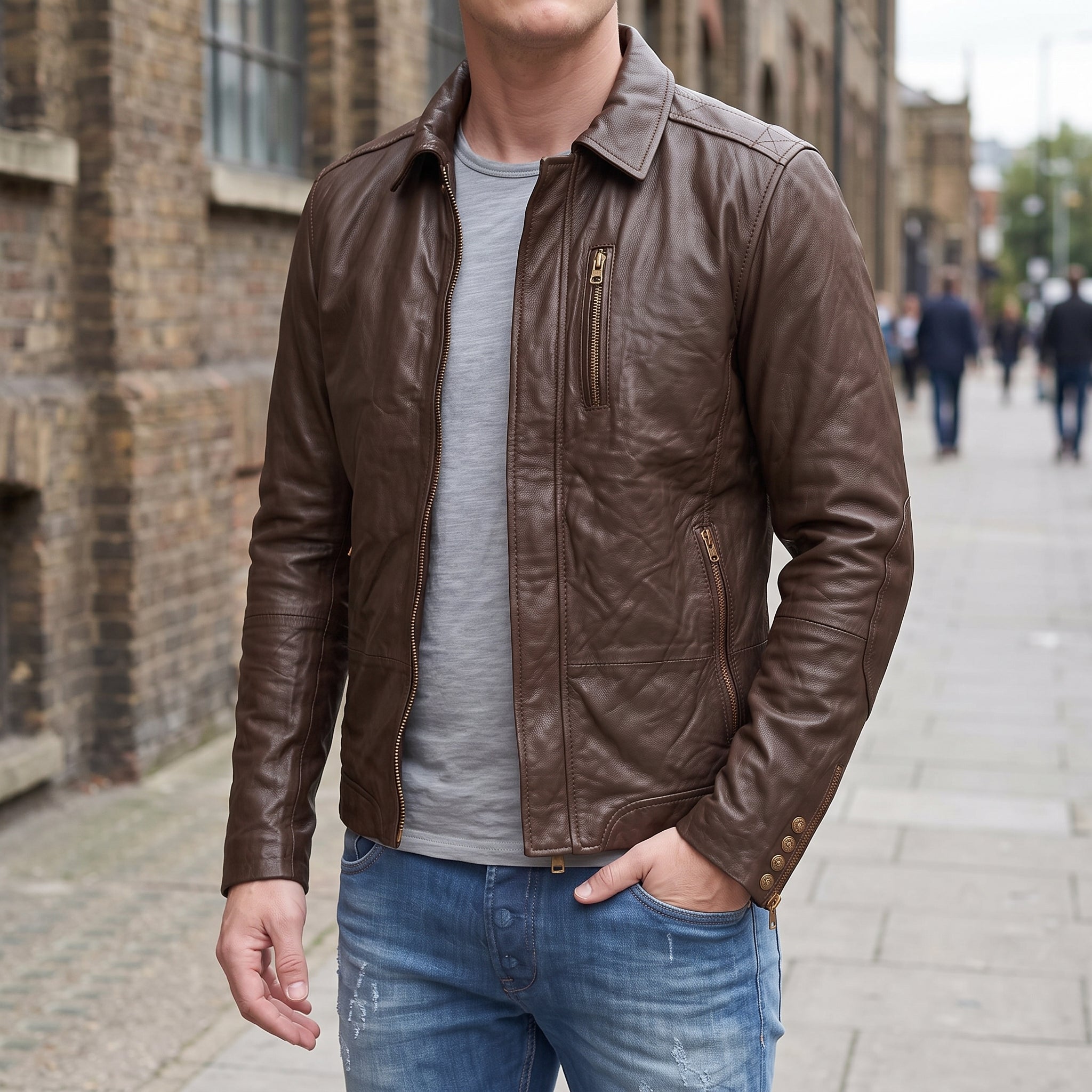Men's Brown Leather Biker Jacket — Hooper